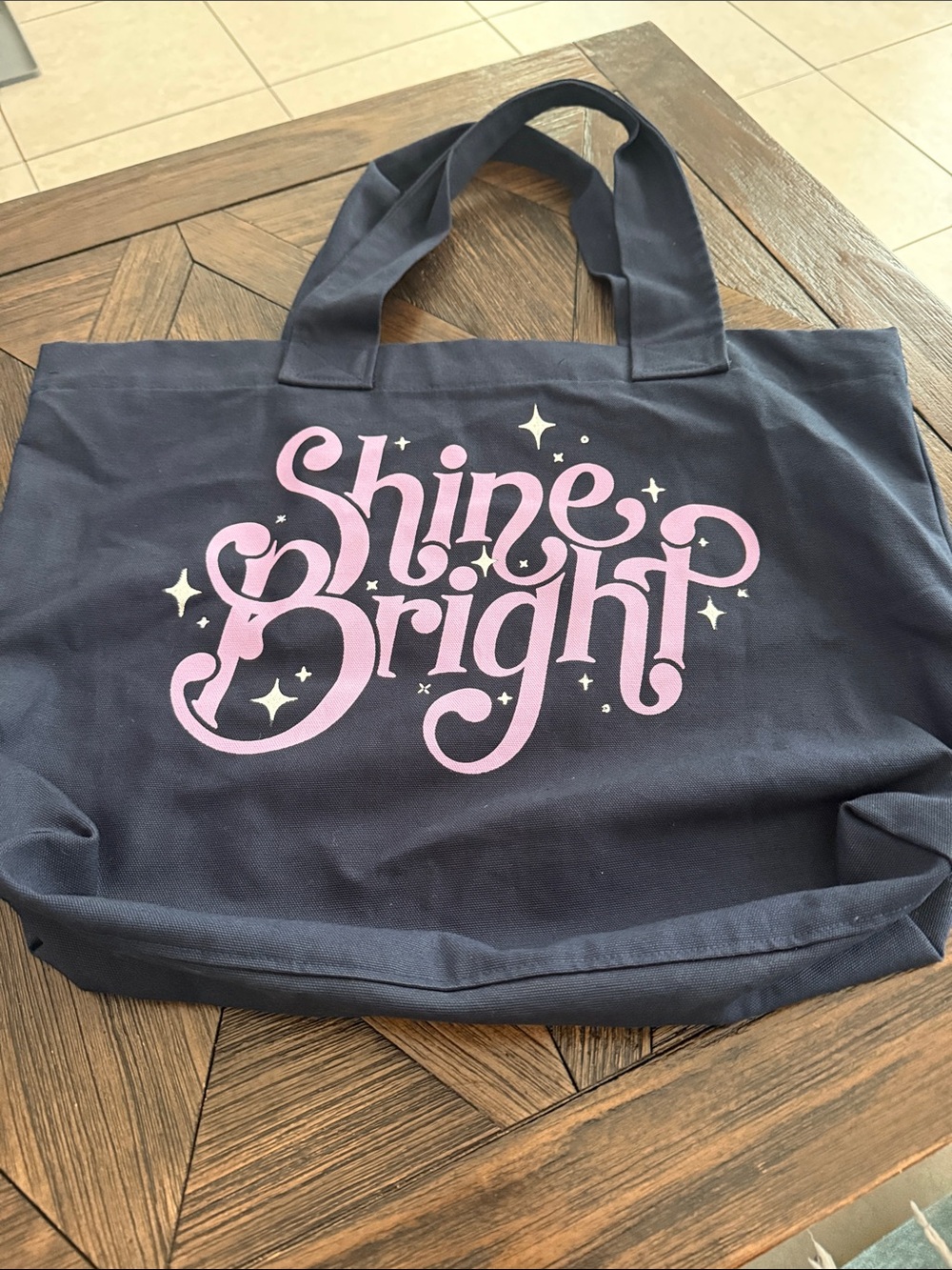 ModCloth Shine Bright Canvas Tote Bag Navy Blue Purple Lettering Silver Stars